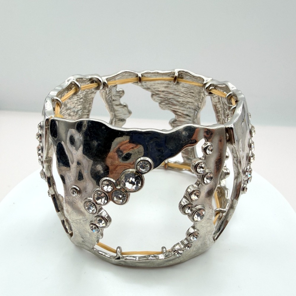 Vintage Silver Tone Chunky Cuff Bracelet Hammered Rhinestone Stretch Statement